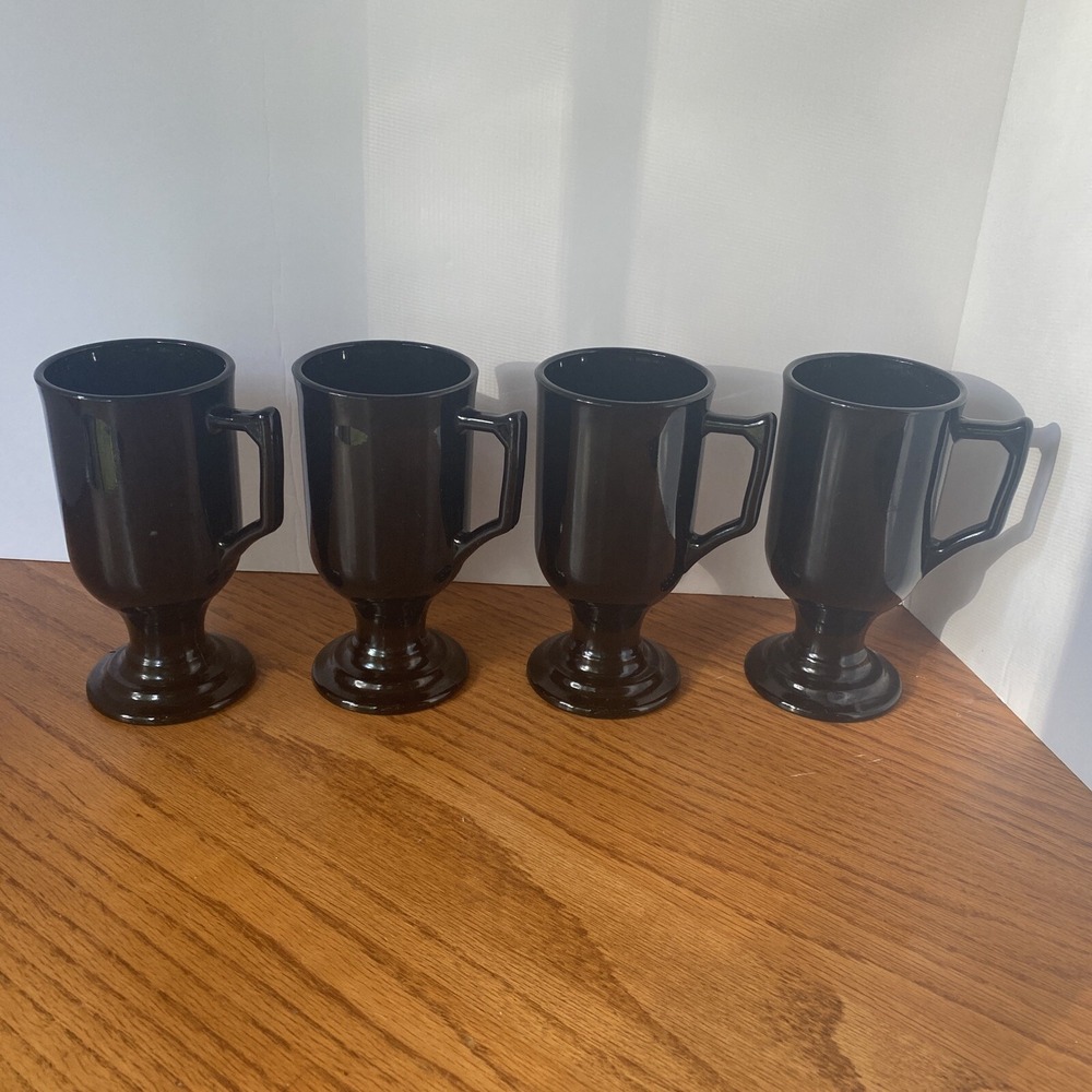 4 Vintage Indiana Glass Black Footed Irish Coffee Mugs, Amethyst, 5 1/2" Tall